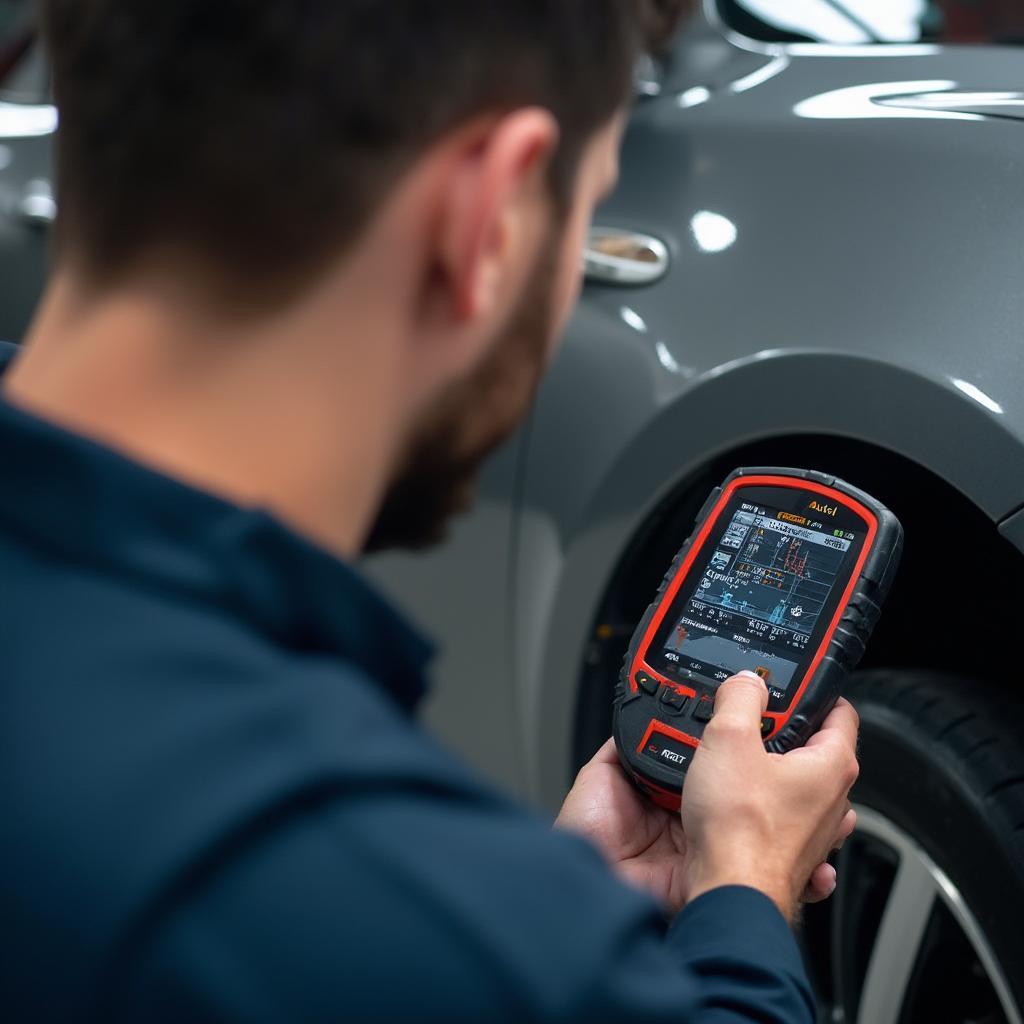 Mechanic Using Autel AL539B to Diagnose Car Problem