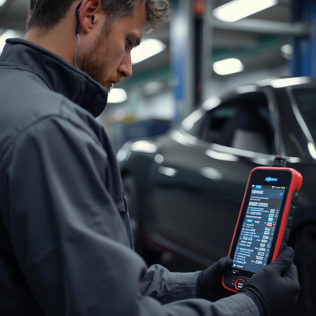 Mechanic Using Autel OBD2 Scanner in Workshop