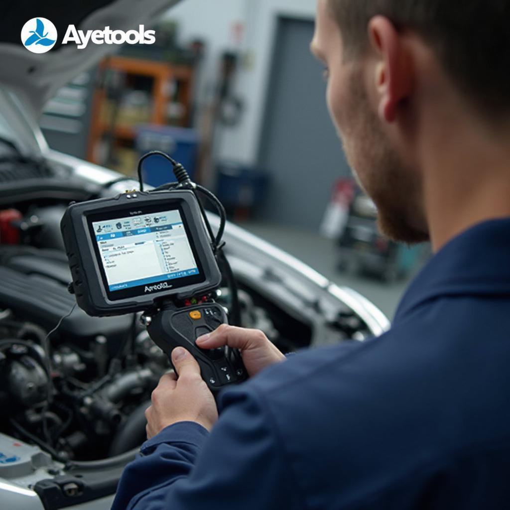 Mechanic Using Ayetools OBD2 Scanner in Workshop