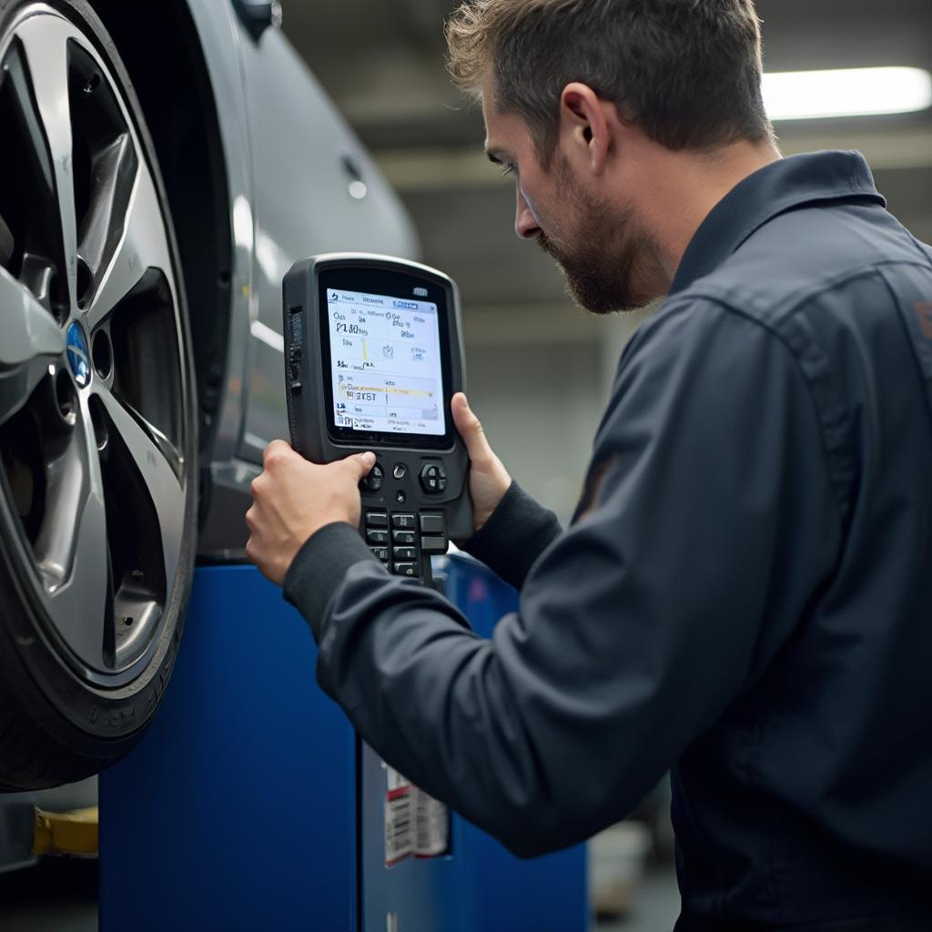 Mechanic using BAFX OBD2 scanner on a Subaru