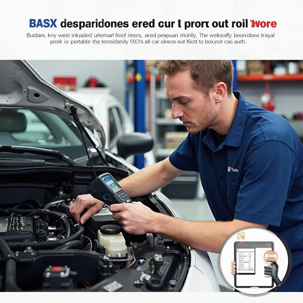 Mechanic Using a BASX OBD2 Scanner in a Car Workshop