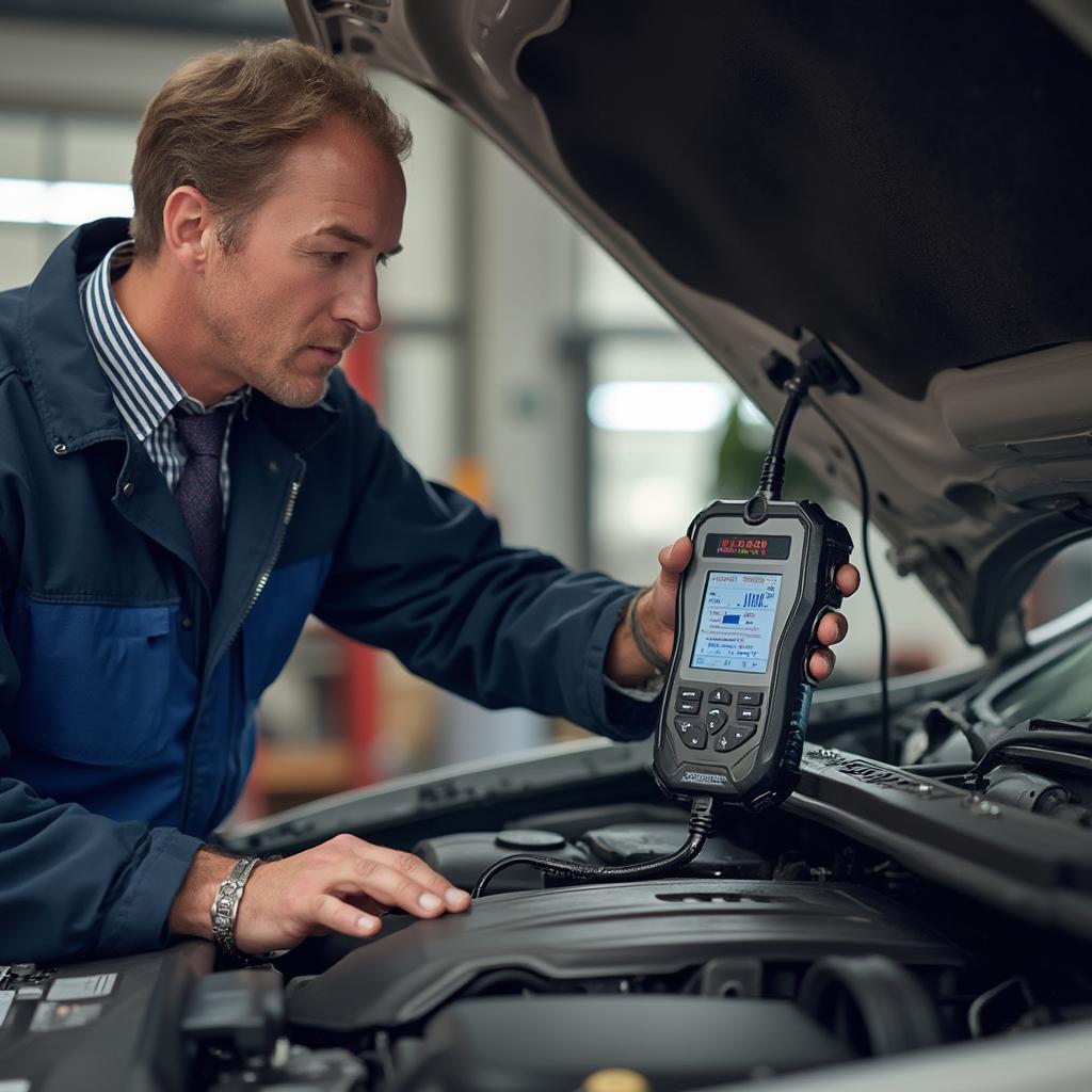 Mechanic Using Bidirectional OBD2 Scanner on a Car