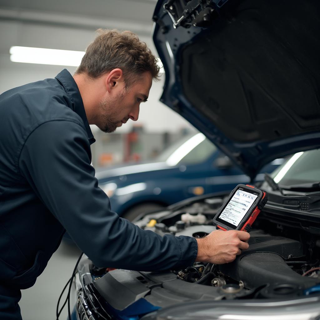 Mechanic using a bidirectional OBD2 scanner to diagnose an engine issue.