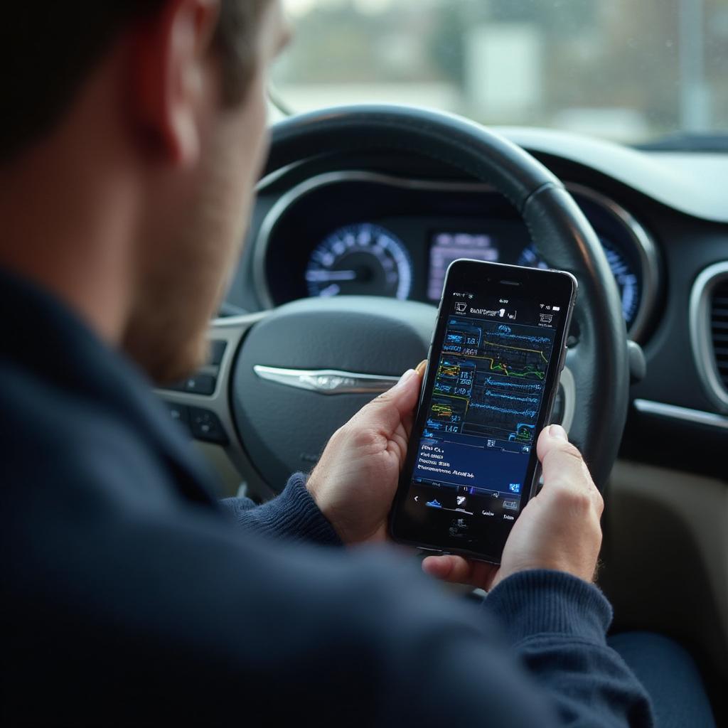 Mechanic Using a BluDriver OBD2 Scanner on a Chrysler Minivan