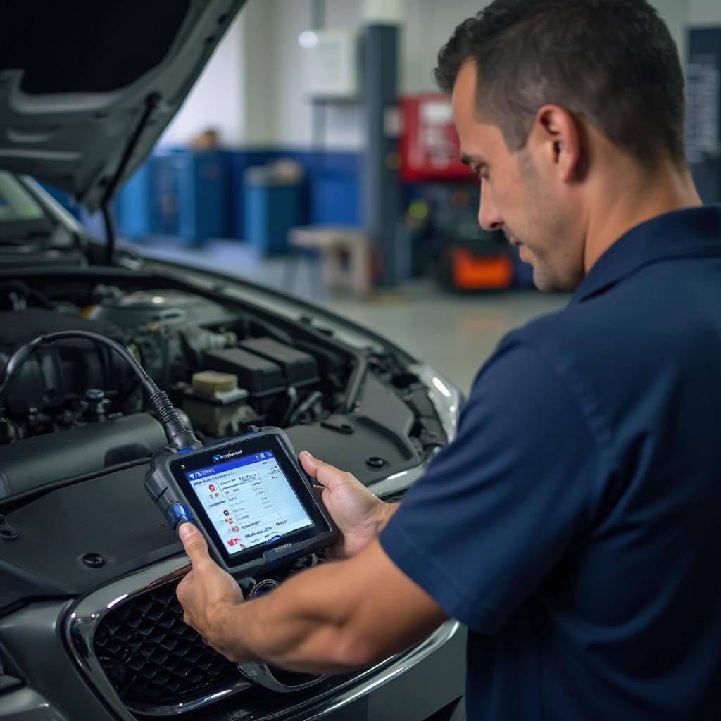 Mechanic Using a Blue Point OBD2 Scanner to Diagnose a Car Problem