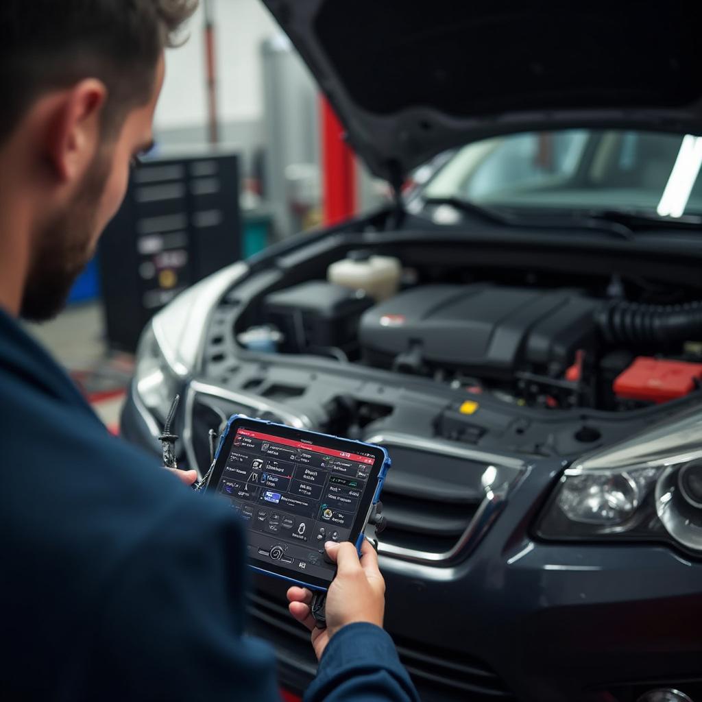 A mechanic using the BlueDriver OBD2 scanner to diagnose an HVAC issue in a car's engine bay.