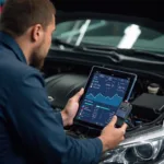 Mechanic Using Bluetooth Bluedriver OBD2 with Tablet