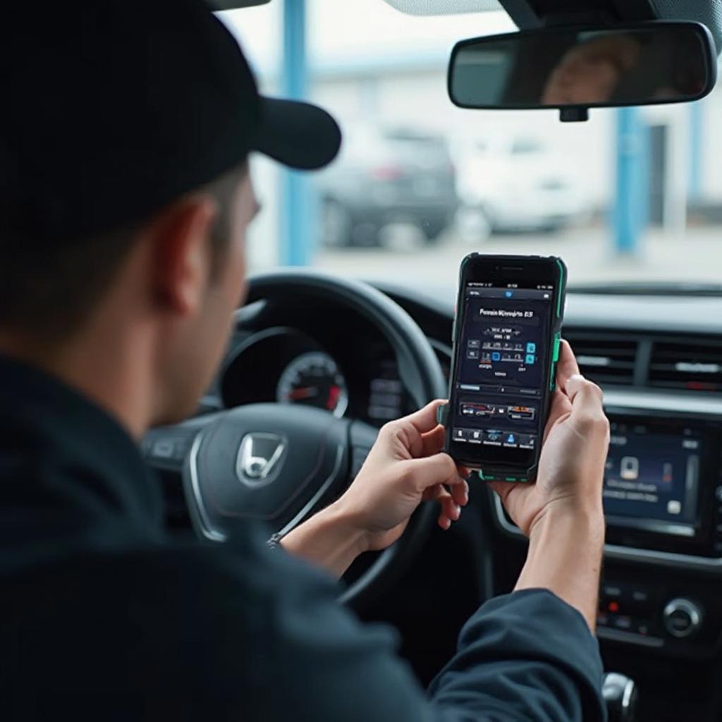 Mechanic using Bluetooth OBD2 Airbag Reset Tool