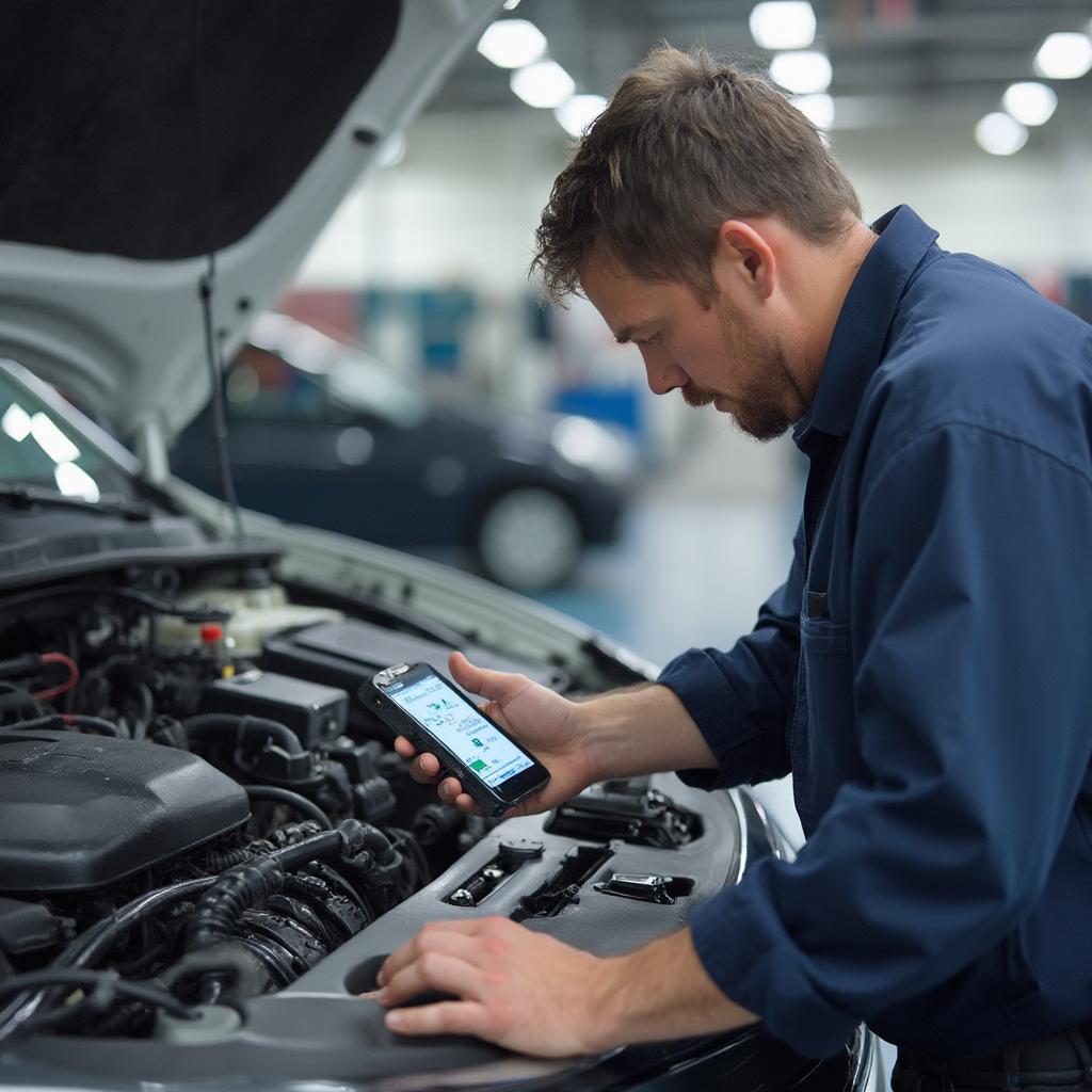 Mechanic Using Bluetooth OBD2 Code Reader