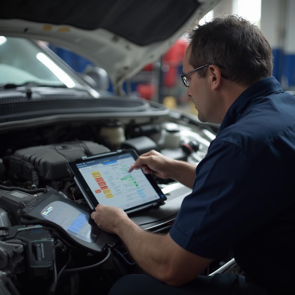 Mechanic diagnosing a Dodge Caravan using a Bluetooth OBD2 scanner and a tablet