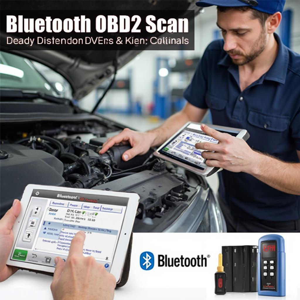 Mechanic diagnosing a car with a Bluetooth OBD2 scan tool