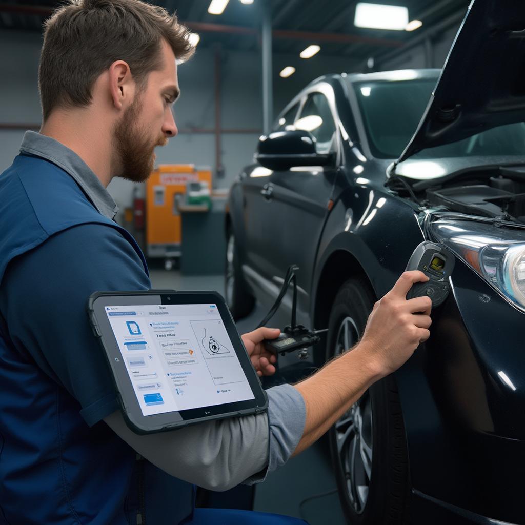 Mechanic Using Bluetooth OBD2 Scan Tool on Car