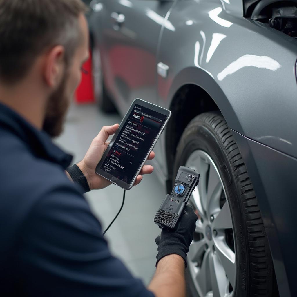 Mechanic Using Bluetooth OBD2 Scan Tool to Diagnose Car Problems