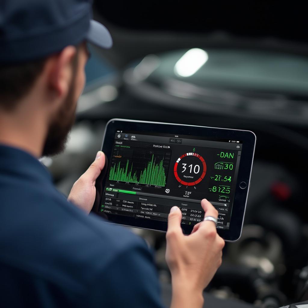 Mechanic using a Bluetooth OBD2 scanner app to diagnose a car