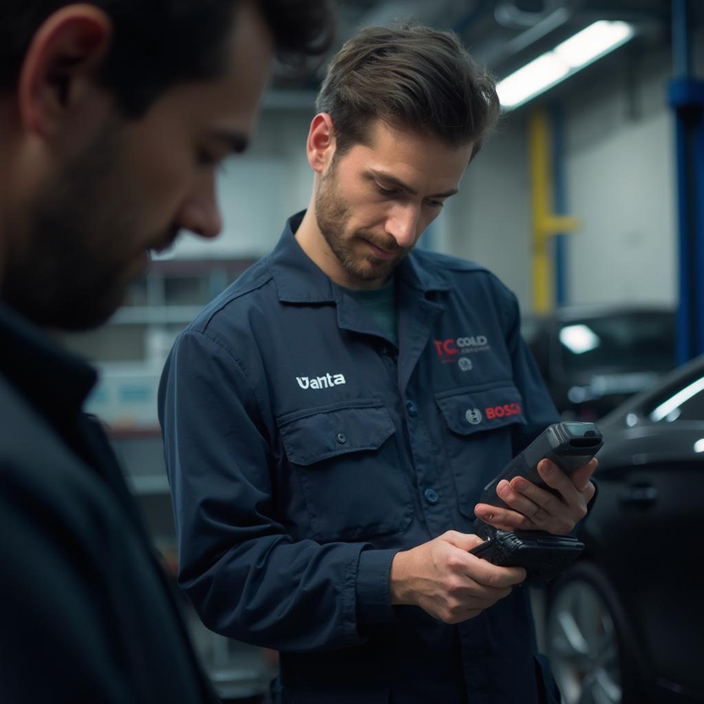 Mechanic Using a Bosch OBD2 Code Reader