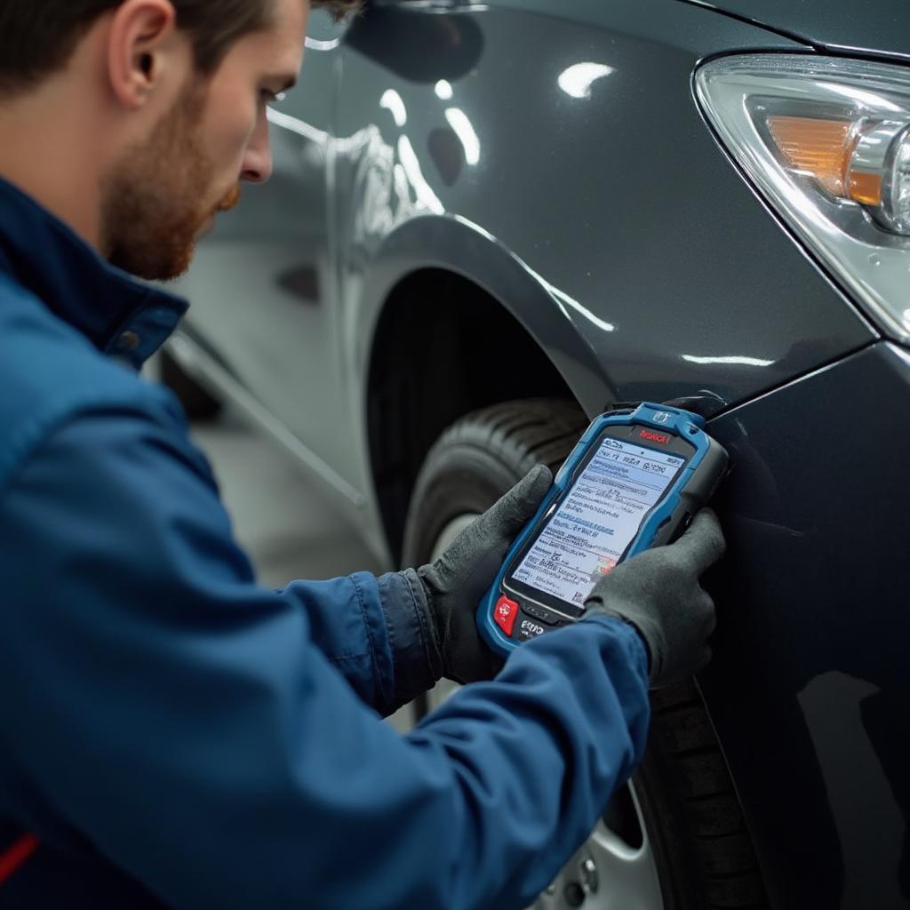 Mechanic Using Bosch OBD2 Scanner on Car