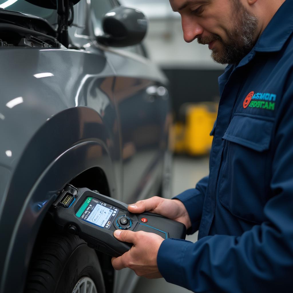 Mechanic Using a Bosch OBD2 Scanner in a Workshop