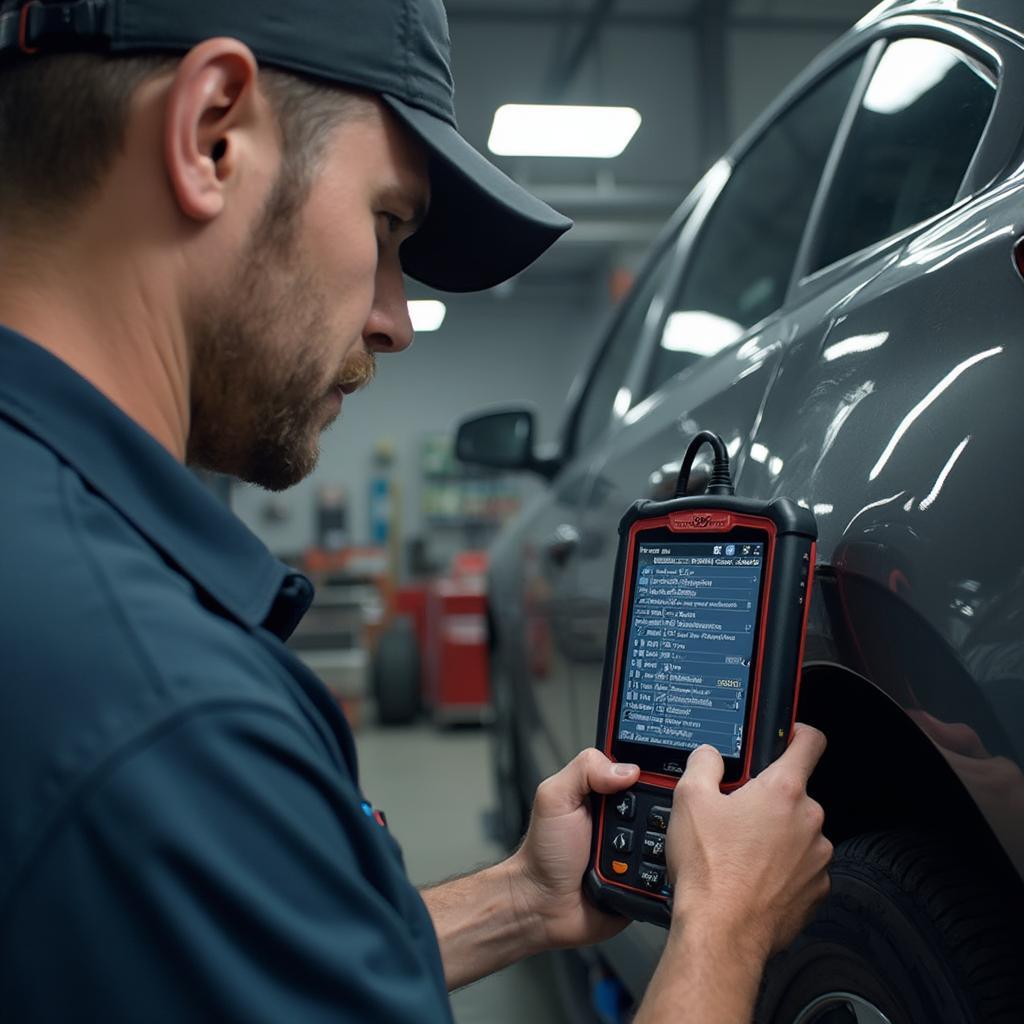 Mechanic Diagnosing Car with CAN OBD2 V5 Scanner