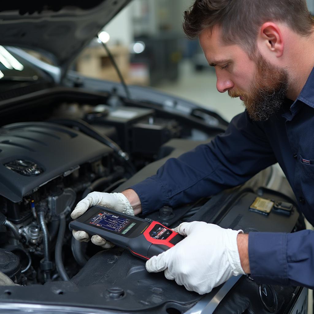 A mechanic using a car scanner elm obd2 usb to diagnose a vehicle in a repair shop.