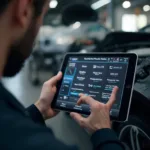 Mechanic using Carly for BMW on a tablet to diagnose a BMW