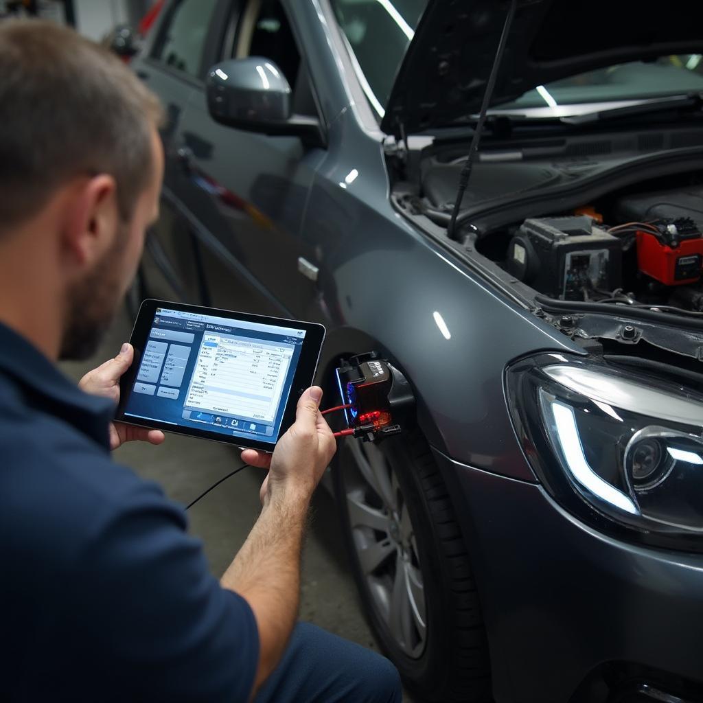 Mechanic Diagnosing a Car with a Carware OBD2 Interface