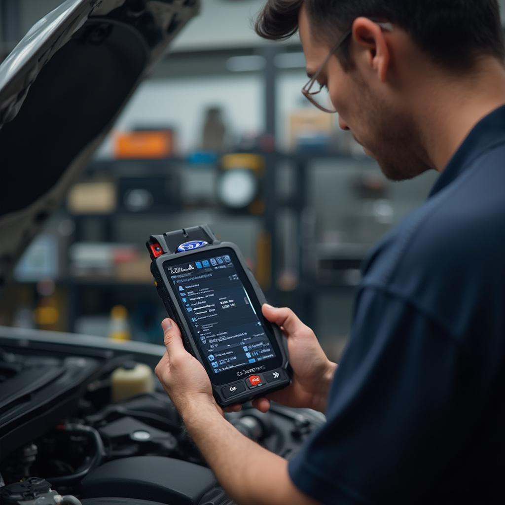 Mechanic Using Carware OBD2 Scanner in Workshop