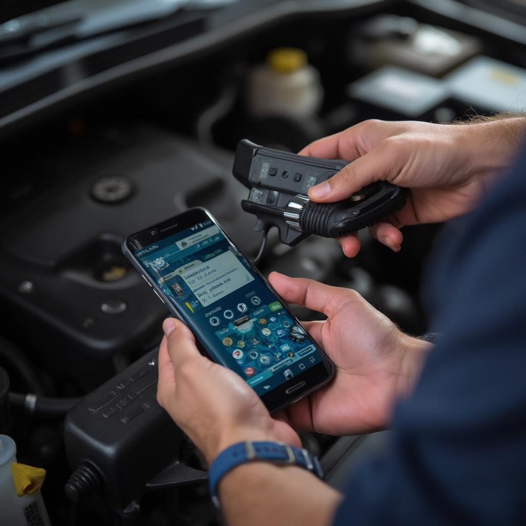 Mechanic Using a Cell Phone OBD2 Scanner