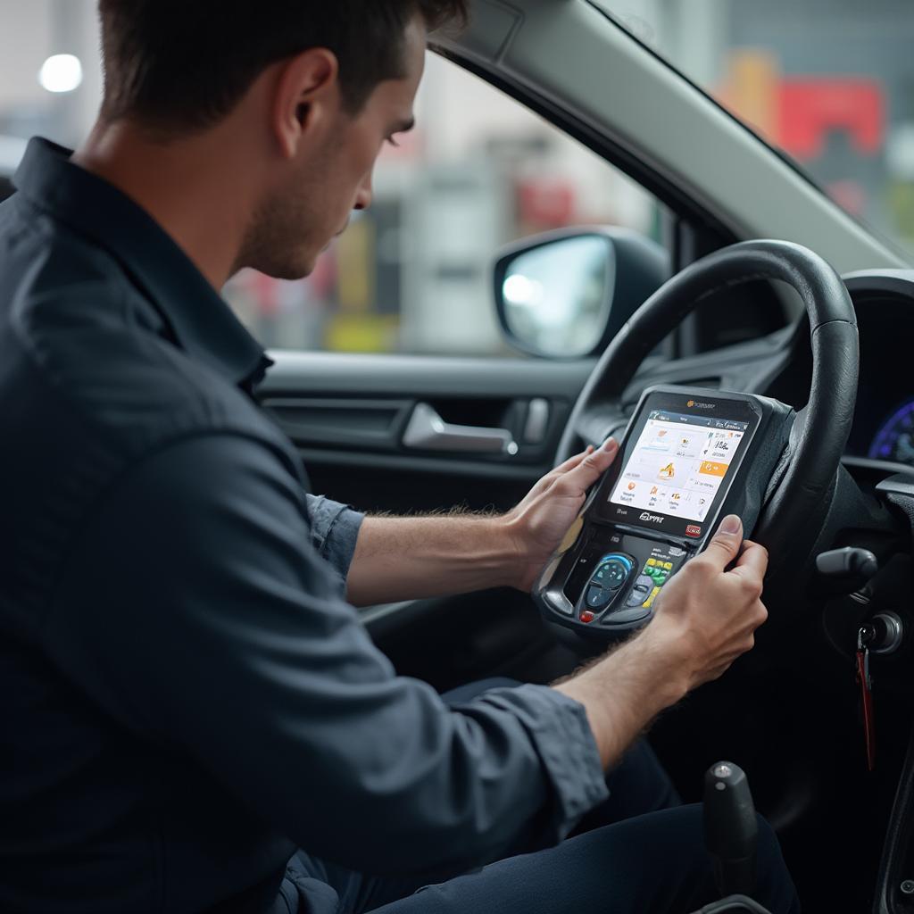 Mechanic Diagnosing a Car with Cen-Tech OBD2 Scanner