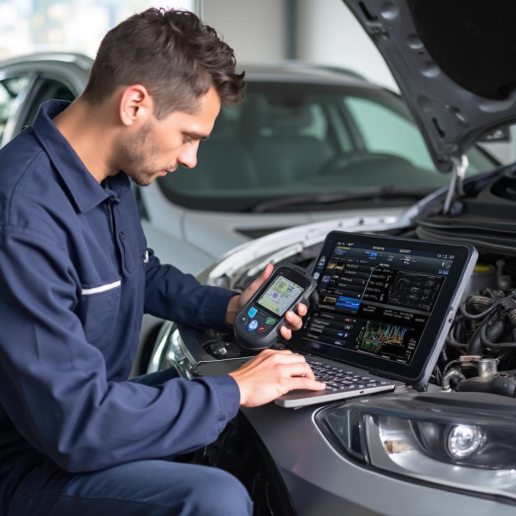 Mechanic Using Cen Tech OBD2 Scanner for Advanced Diagnostics