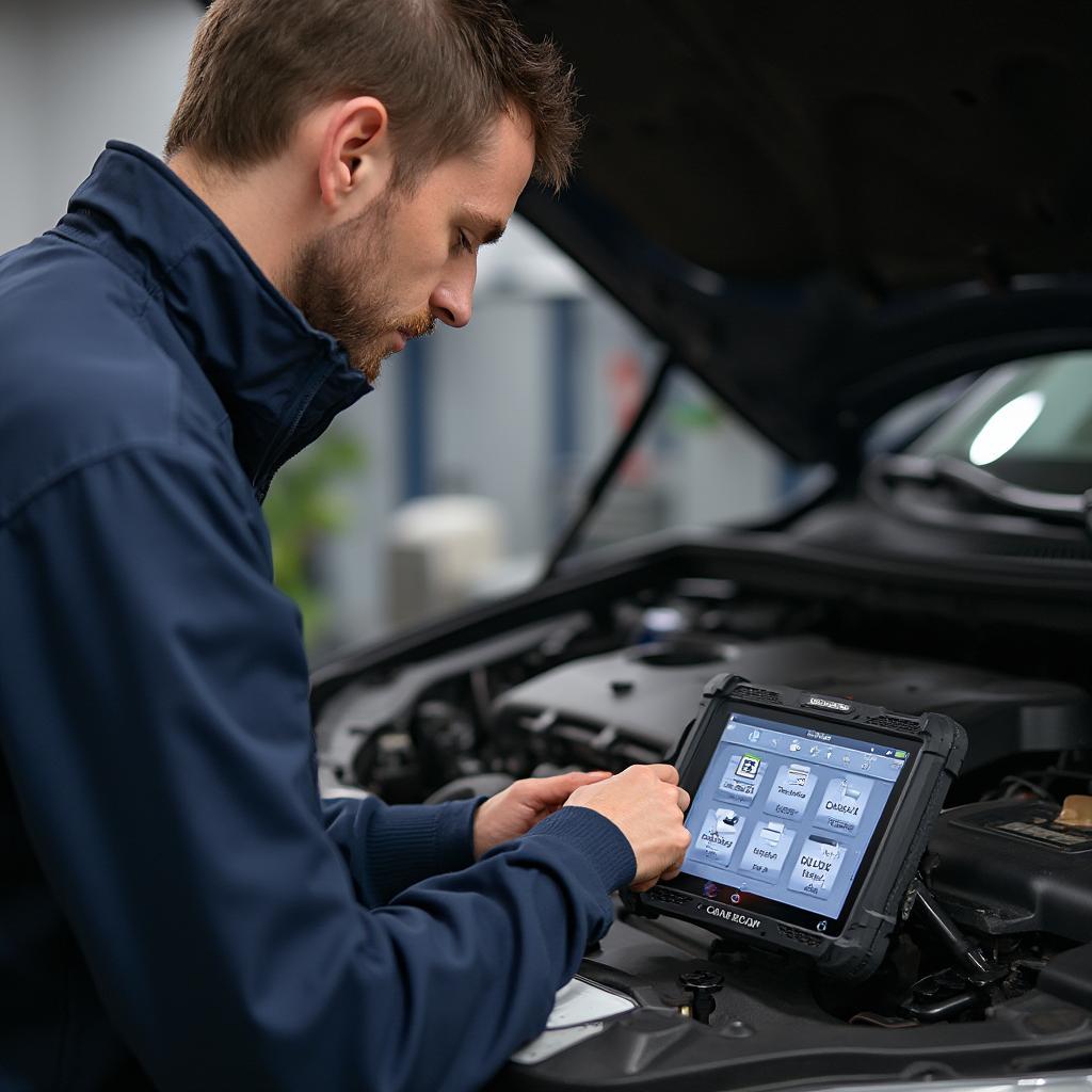 Mechanic using the D900 CanScan to diagnose a car problem in a workshop.