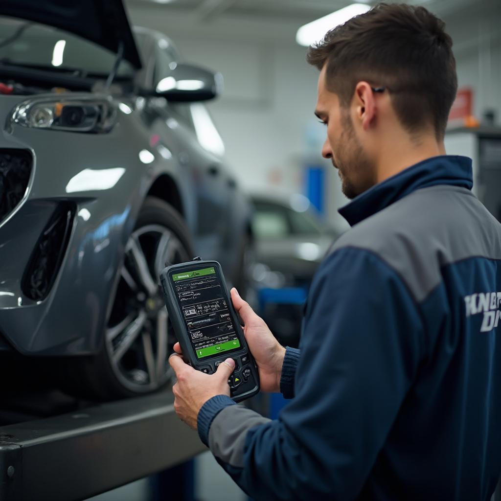 Mechanic using a d900 OBD2 scanner to diagnose a car.