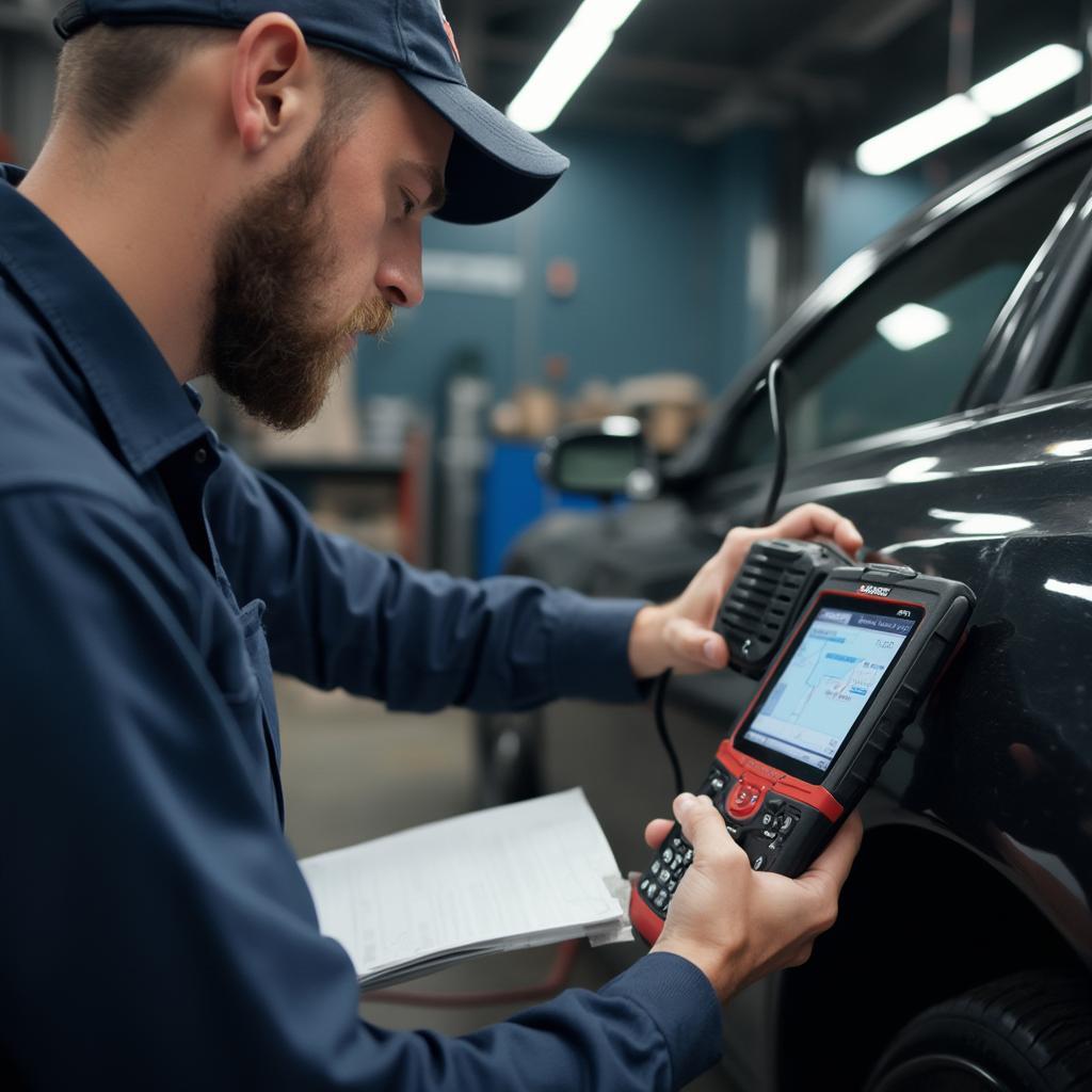 Mechanic Using D900 OBD2 Scanner on a Car