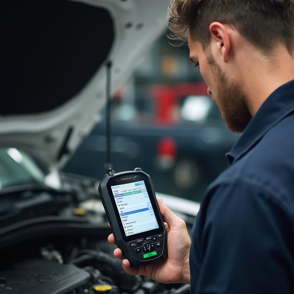 A mechanic uses a diagnostic auto obd2 scanner to diagnose a car engine problem.