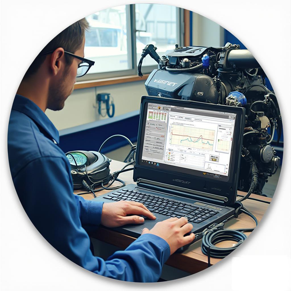 Mechanic using diagnostic software on a laptop connected to a boat engine