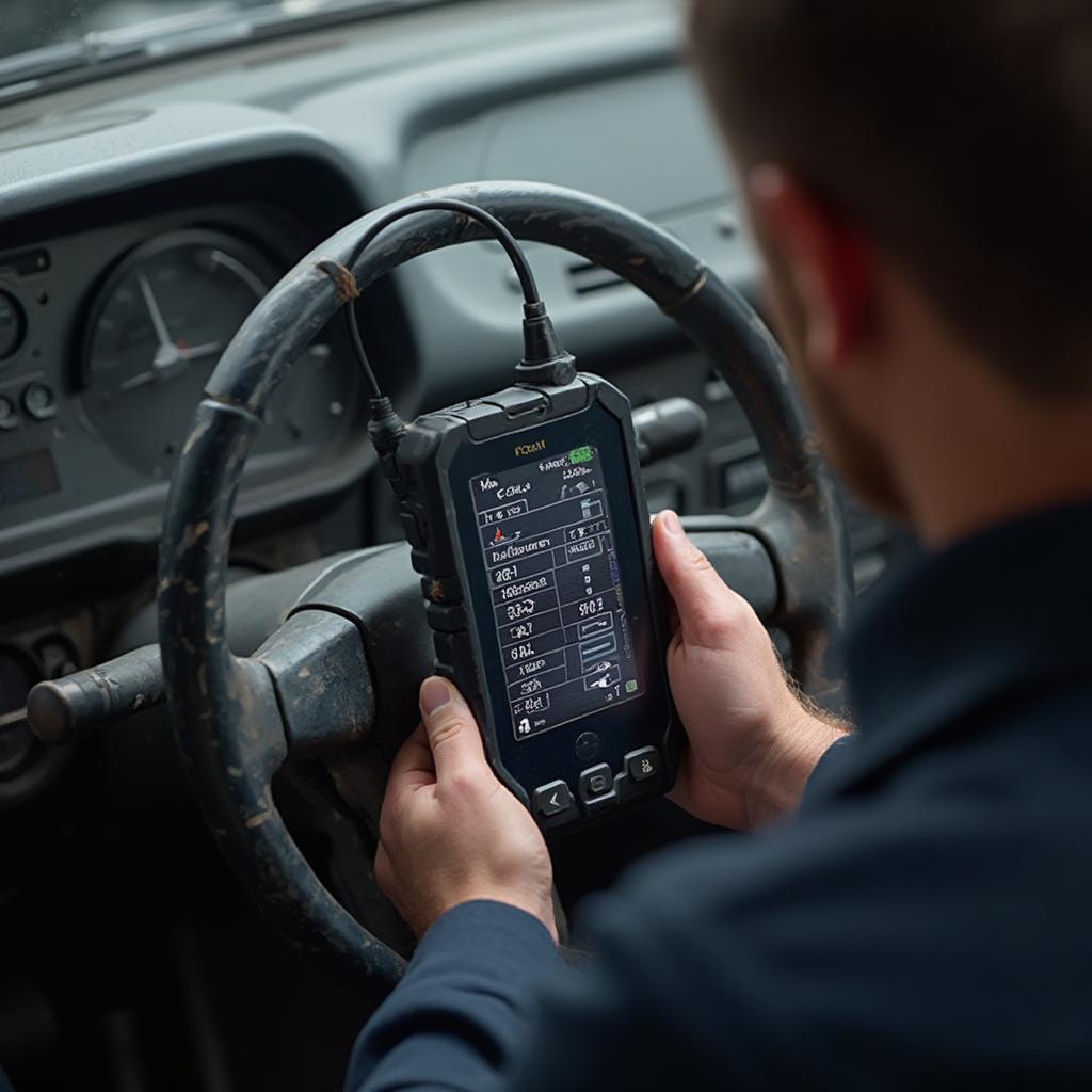 Mechanic Using Diagnostic Tool on Older Car