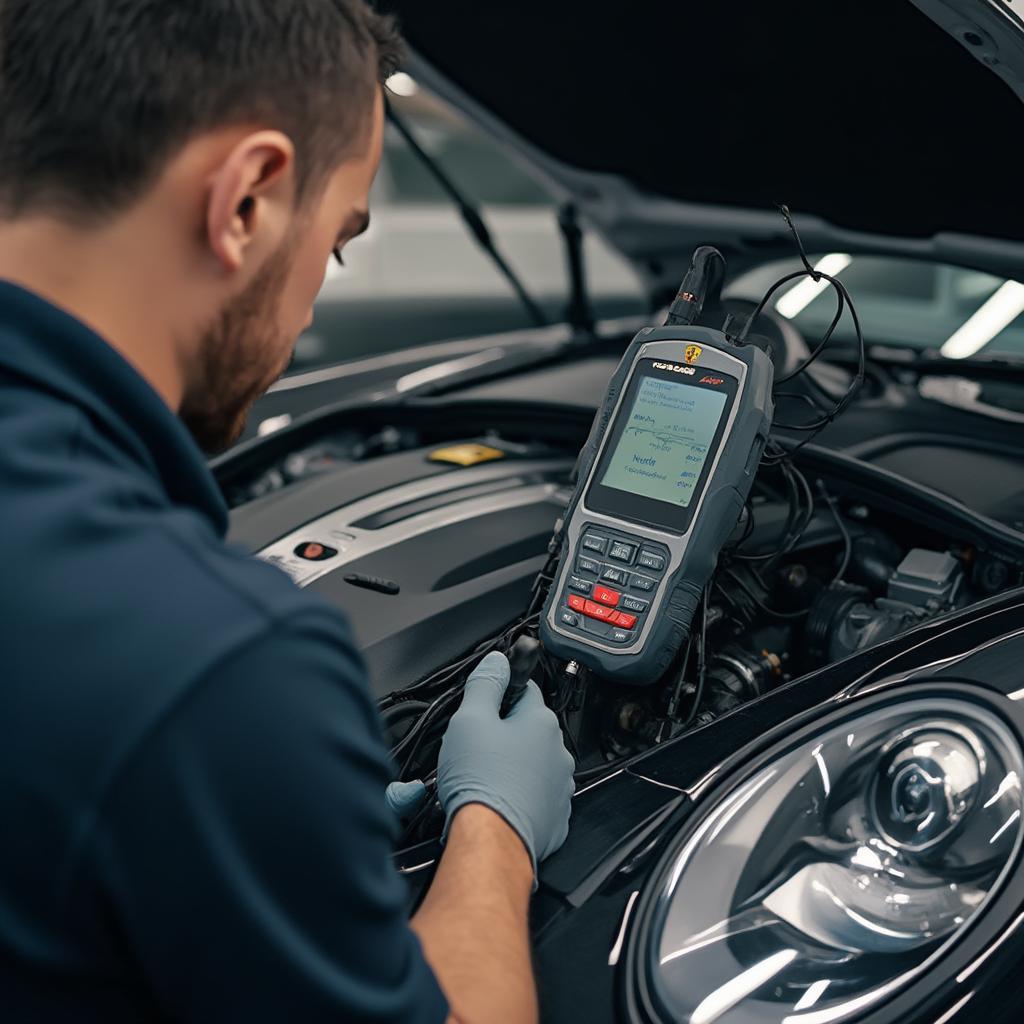 Mechanic Using a Professional Diagnostic Tool on a Porsche 911 Engine