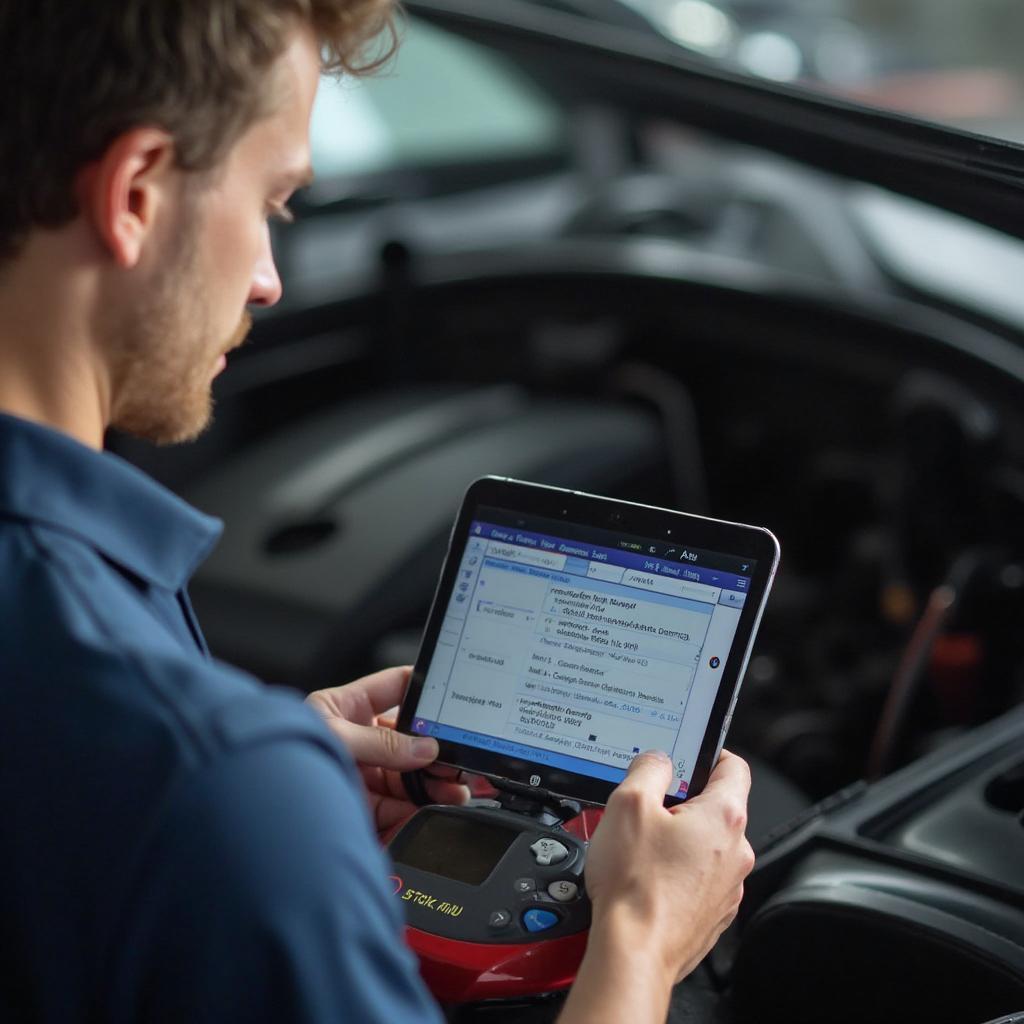 Mechanic Using ELM327 Scanner to Diagnose Car