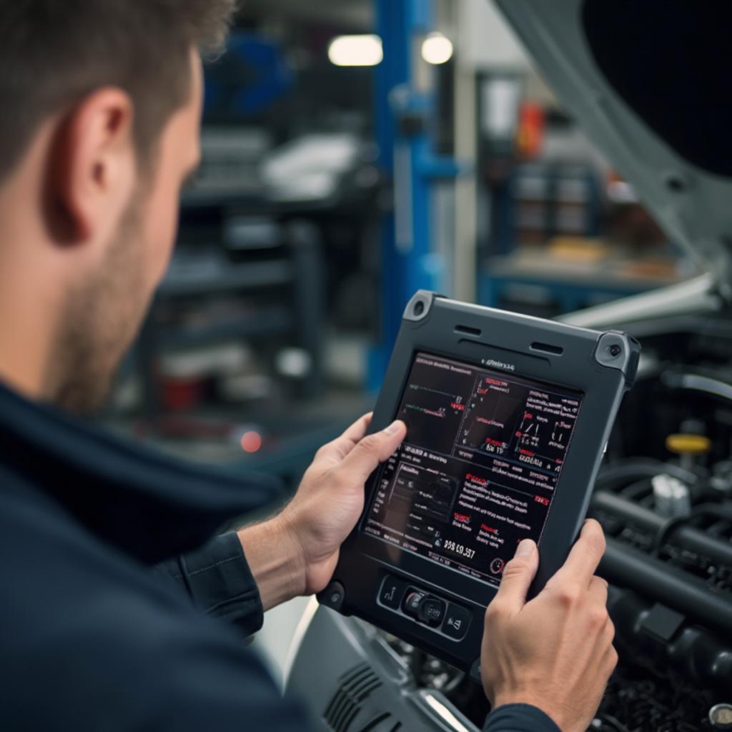 Mechanic using ELM327 scanner for car diagnostics