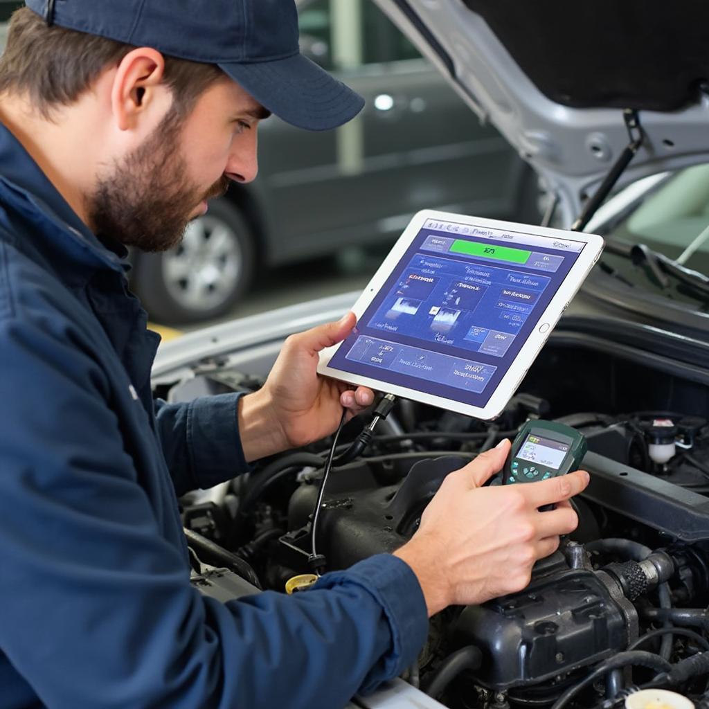 Mechanic Using ELM327 to Diagnose Car Engine