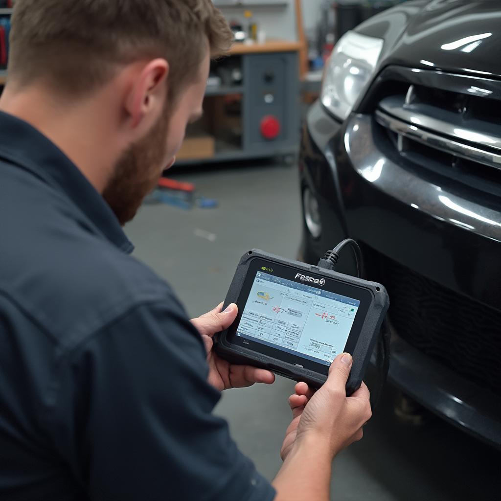 Mechanic using a Foseal OBD2 scanner to diagnose a car