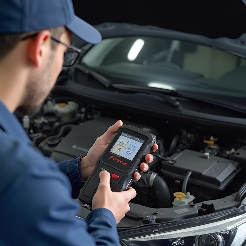 Mechanic using a Foseal OBD2 WiFi scanner to diagnose a car problem