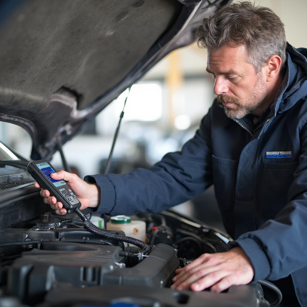 Mechanic Using Foxwell NT201 to Diagnose Car Problem