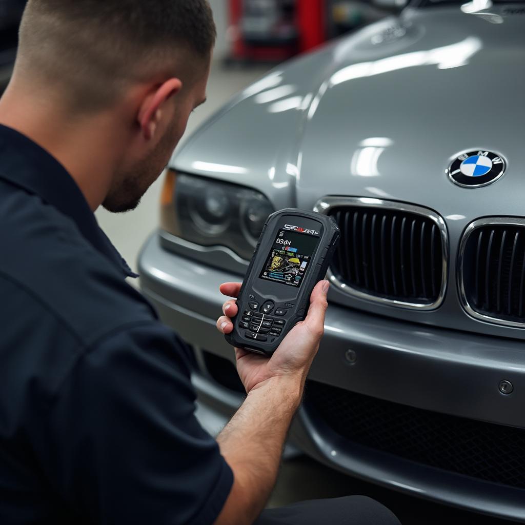 Mechanic Using a Foxwell OBD2 Scanner on a BMW