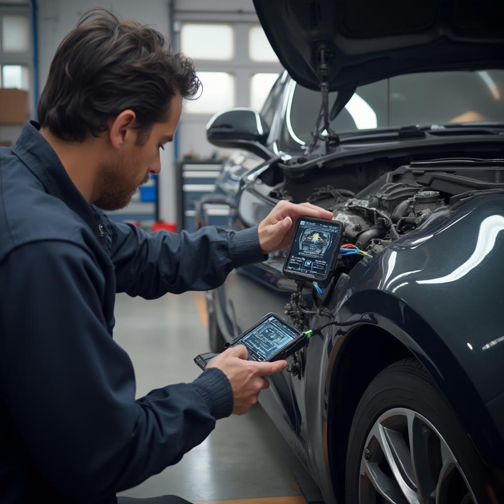 Mechanic Using FuelMax OBD2 Scanner in Workshop