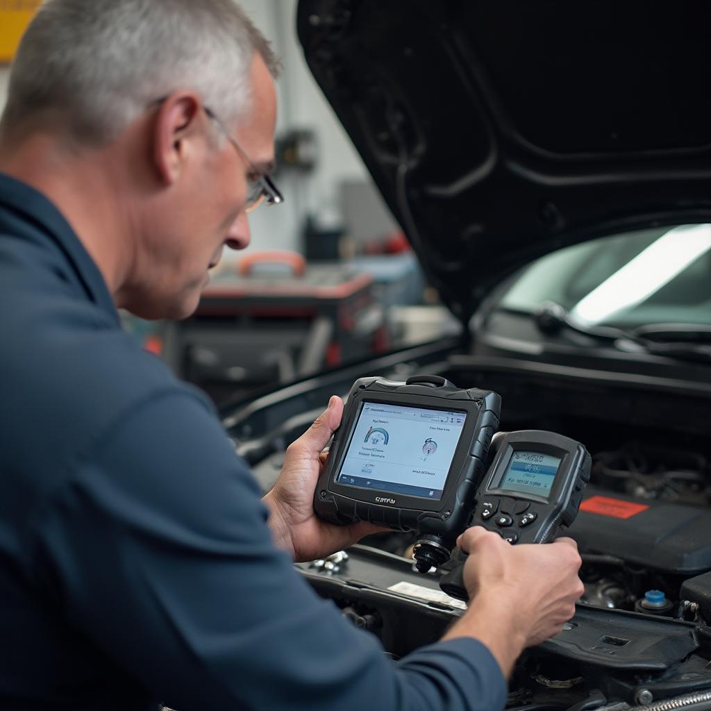 Mechanic Using Garmin OBD2 Scanner