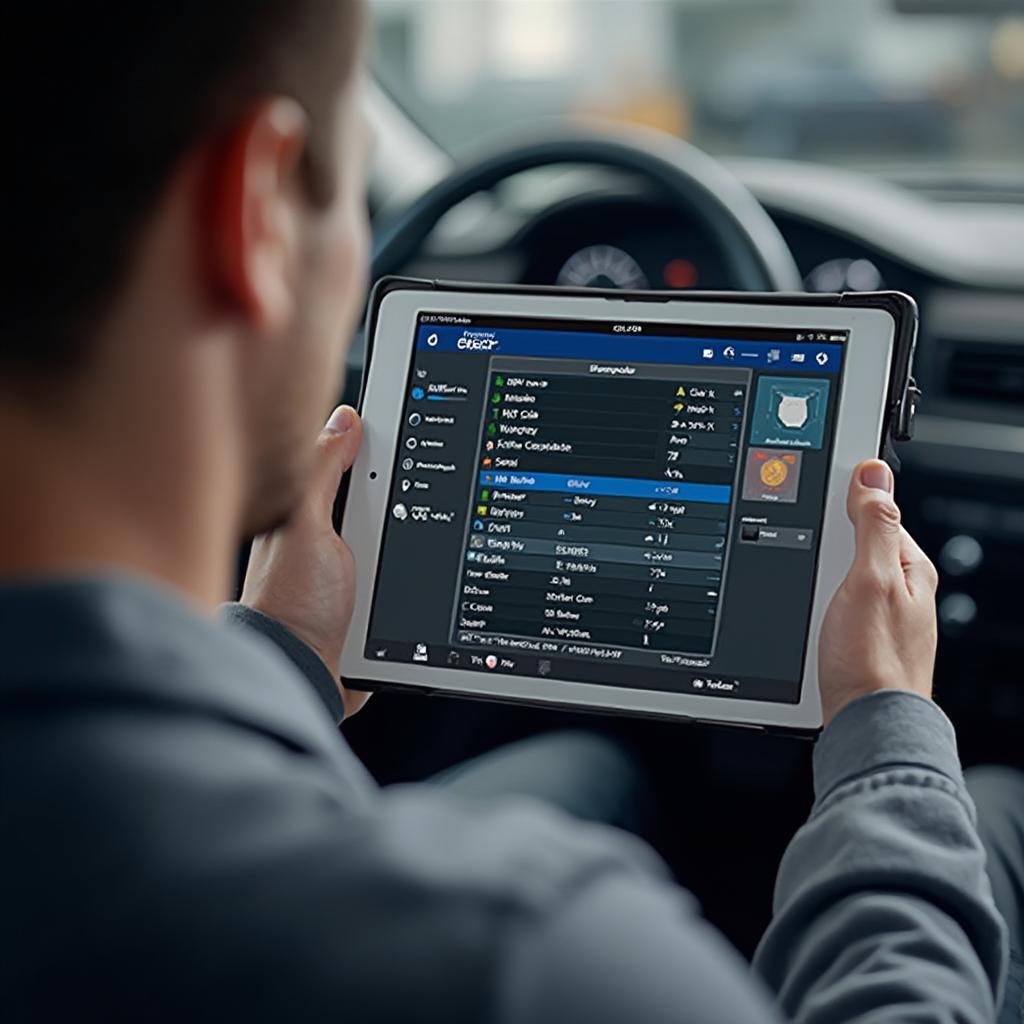 Mechanic Using a GM OBD2 Bluetooth Programmer