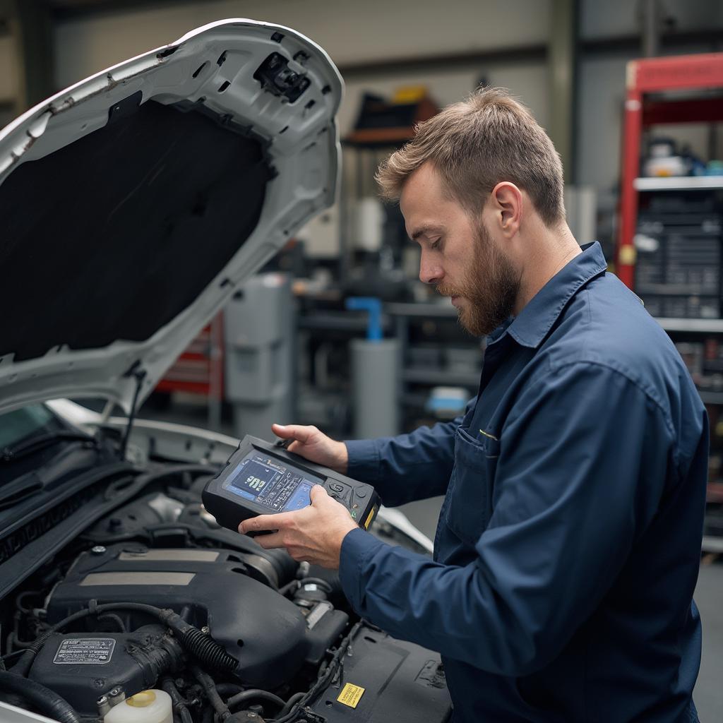 A mechanic is using a gotech obd2 scanner to diagnose a car engine problem.