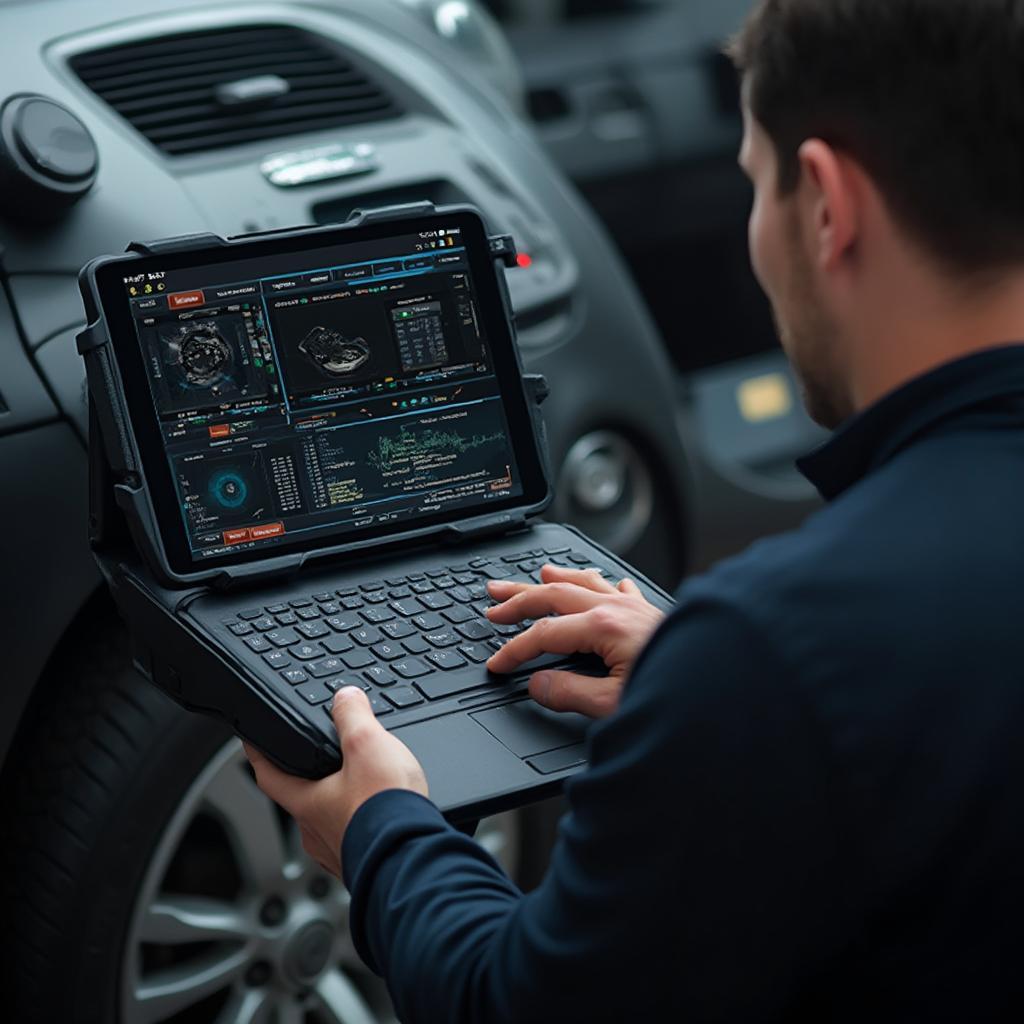 Mechanic Using High-End OBD2 Scanner with Wireless Connectivity