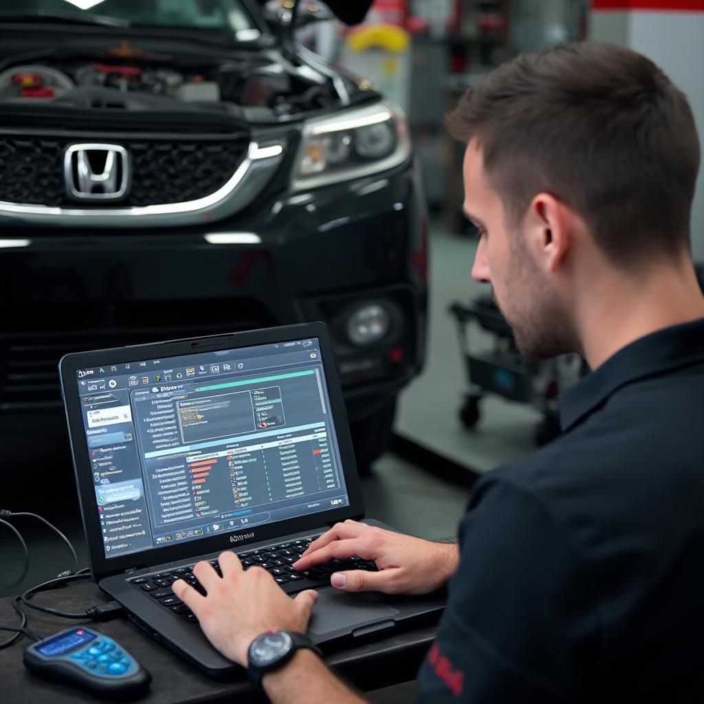 A mechanic using Honda OBD2 scanner software to diagnose a car’s engine.