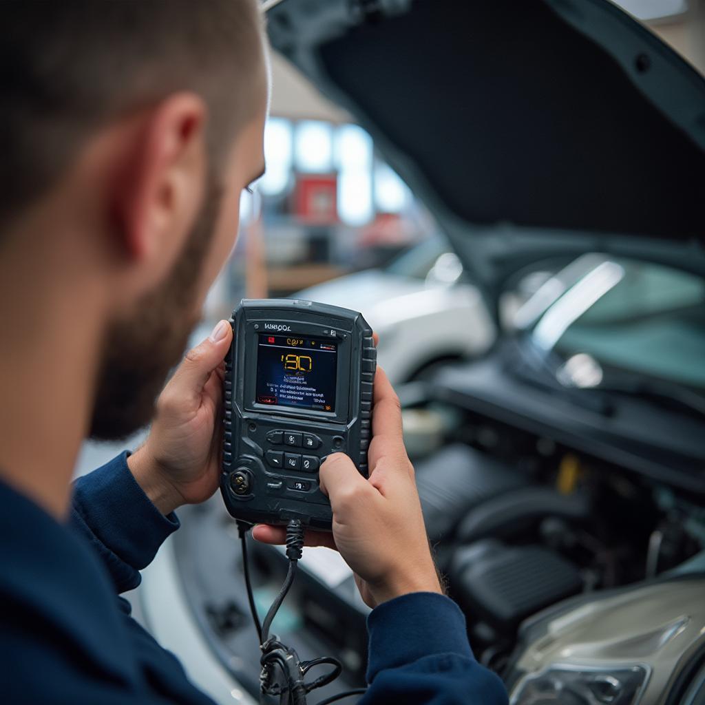 Mechanic Using Ikkegol OBD2 Scanner to Diagnose Car Problem